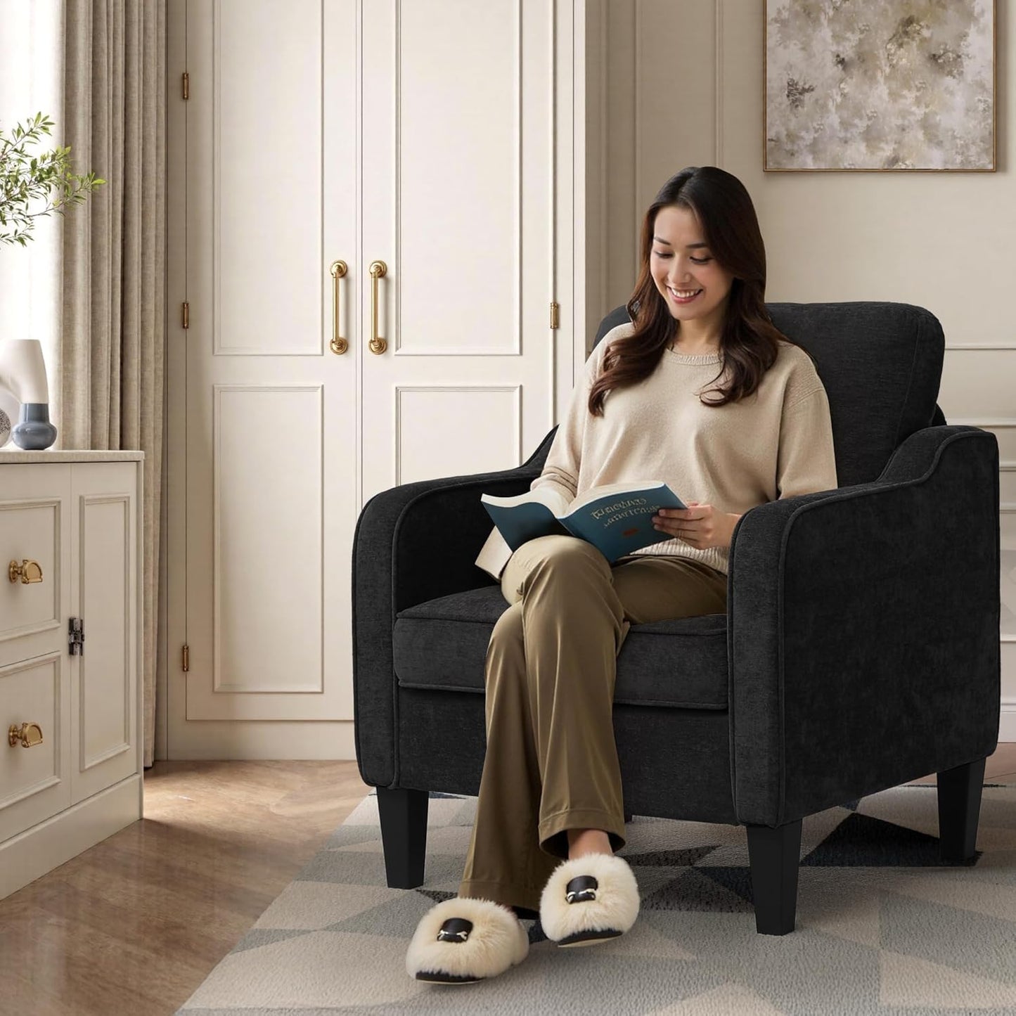 Accent Chair for Living Room, Mid Century Modern Reading Chair for Bedroom, Upholstered Armchair with Side Pockets, Comfy Single Sofa Side Chair for Office, Apartment, Small Room, Black