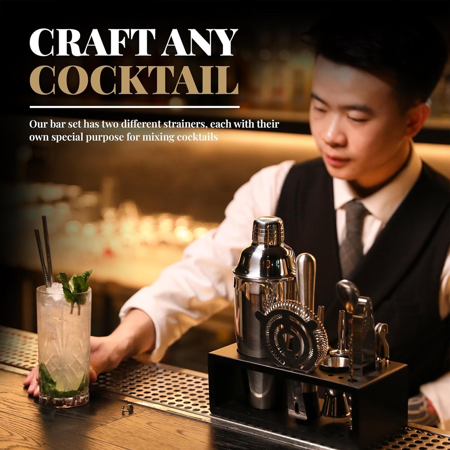 Mixology Bartender Kit with Stand - 15 Piece Bar Tool Set, Silver Bar Set Cocktail Shaker Set for Drink Mixing - Includes Martini Shaker, Jigger, Strainer, Bar Mixer Spoon, Tongs, Opener | Gift Idea