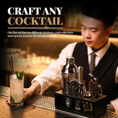 Mixology Bartender Kit with Stand - 15 Piece Bar Tool Set, Silver Bar Set Cocktail Shaker Set for Drink Mixing - Includes Martini Shaker, Jigger, Strainer, Bar Mixer Spoon, Tongs, Opener | Gift Idea