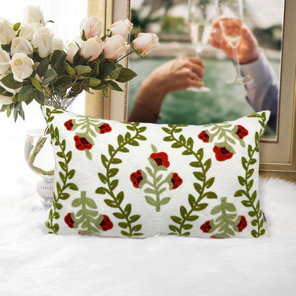 Alysheer Floral Embroidered Summer Lumbar Decorative Throw Pillow Cover 12"x 20", Farmhouse Cottage Red Flowers Green Leaves Patterned Cotton Canvas Cushion Case for Sofa Couch Bed Living Room Decor