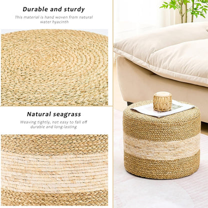Handwoven Seagrass Ottoman Pouf, Round Outdoor Footstool with Sturdy Frame, No Assembly Needed, Boho Accent Stool for Indoor & Outdoor Use – Patio, Balcony, Living Room (Seagrass White)