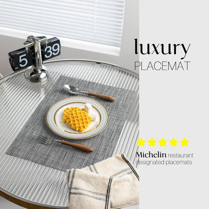 LEXMORE Placemats Set of 12 Vinyl/Plastic Woven Place Mats for Kitchen Table Indoor/Outdoor Washable Placemat Wipeable Dining Table Mats(A-Dark Gray)