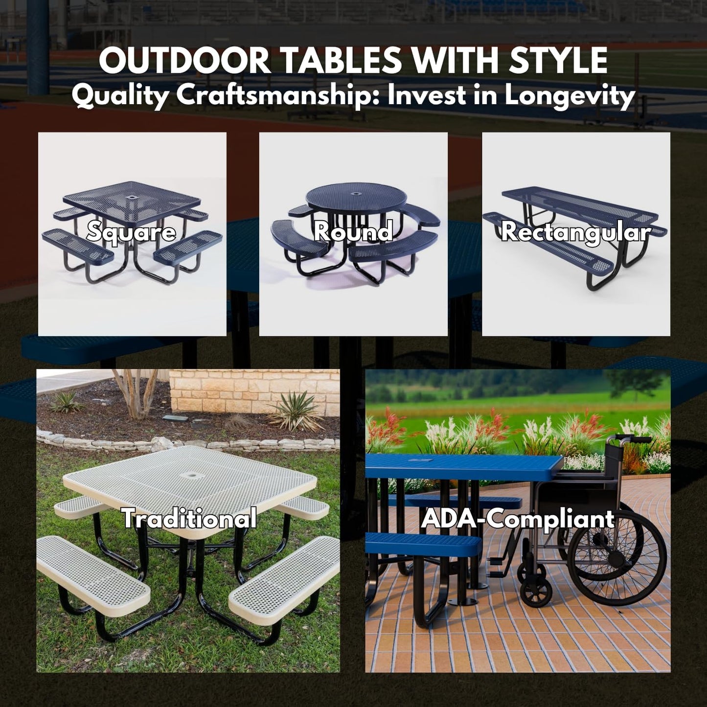 Heavy-Duty Portable Outdoor Picnic Table with Umbrella Hole, Punched Steel Patio Dining Furniture Made in America (46" Round Top, Textured Dark Blue)