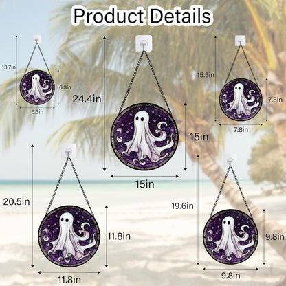 Stained Glass Window Hanging - Halloween Decorations White Ghost Purple Stars Suncatcher for Doors Garden Spooky Funny Sun Catchers Gothic Decor Horror Gifts for Women Men Friend 7.8 in