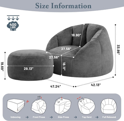 Giant Bean Bag Chaise Lounge Indoor Chair for Adults - Comfy Plush Round Shell Soft Accent Chair, Oversized Cozy Floor Sofa for Living Room, Bedroom & Game Rooms, Gray