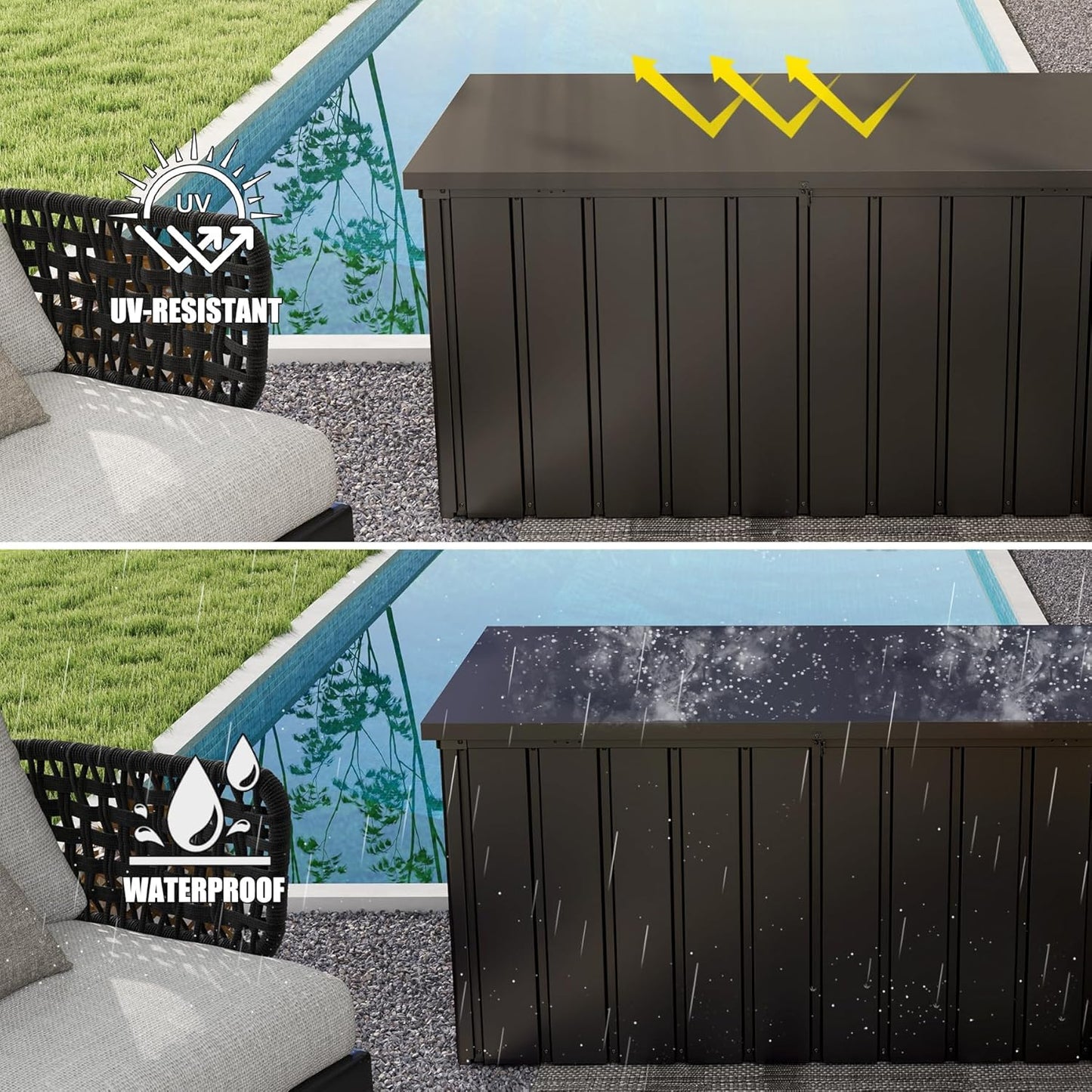 Domi Deck Box 150 Gallon, Waterproof Lockable Steel Outdoor Storage Container for Outside Cushions, Garden Tools and Pools Equipment, Brown