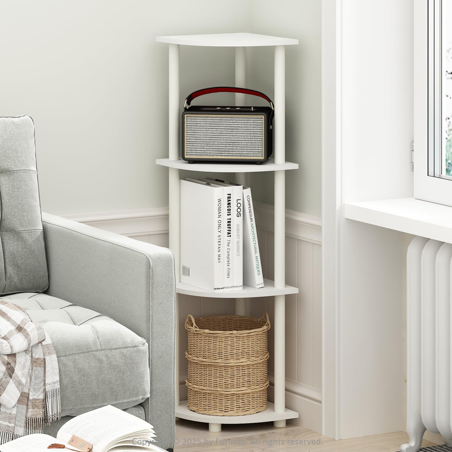 Furinno Turn-N-Tube Corner Shelf, 4-Tier Corner Bookshelf, White