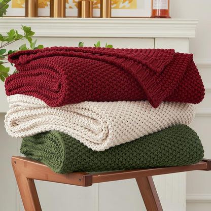 Chunky Cable Knit Throw Blanket Lightweight Wine red 100% Organic Cotton Blanket for Sofa Couch Bed Baby Nursery, Rustic Shabby Chic Modern Farmhouse, 60” x 80” Give Laundering Bag