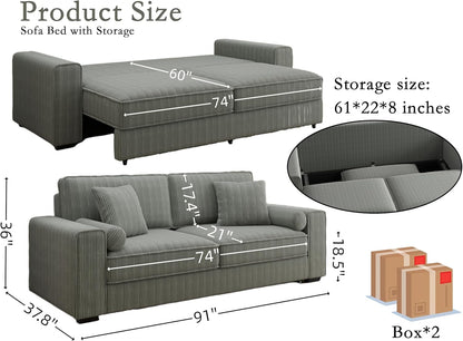 91-Inch Corduroy Pull Out Couch with Storage, Convertible Queen Sleeper Sofa with Pull Out Bed, Hide a Bed Couches for Bedroom, Guest Room, Apartment, Small Places, RV (Grey)