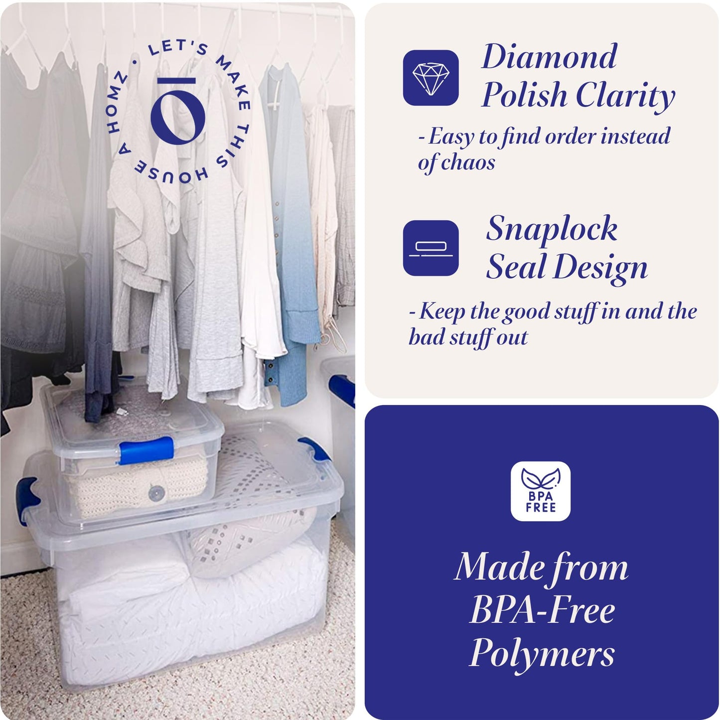 HOMZ Clear Plastic Storage Bins w/Latching Lid, 112 Qt, Blue Latch, 2 Pack