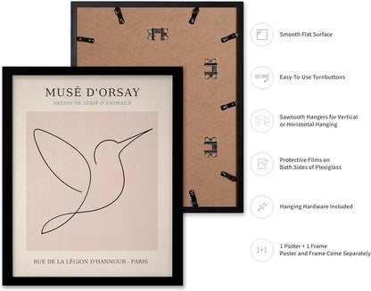 Poster Master Vintage Poster - Retro One Line Hummingbird Drawing Print - Bird Line Art - Minimal Gift for Him, Her, Animal Lover - Abstract Decor for Home, Office, 8x10 Black Framed