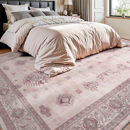 AMOAMI-Vintage Area Rug 8X10 Pink Rugs for Living Room-Soft Living Room Rug Non Slip Rugs for Bedroom Carpet Machine Washable Rug for Dining Room Bedside Office Room Decor