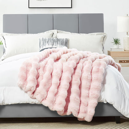 DREAMNINE Large Soft Thick Fuzzy Bubble Faux Rabbit Fur Bed Blanket Full Size 70" x 80",Lovely Big Warm Shaggy Fluffy Blankets for Winter,Solid Luxury Cozy Cute Bumpy Furry Blanket for Women Girl,Pink