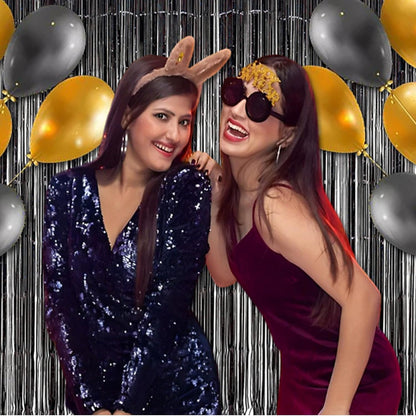 BRAVESHINE Black Halloweens Party Foil Fringe Curtains - 2 Pack Metallic Tinsel Photo Booth Streamers Backdrop for Birthdays, Stranger Theme, Music, Prom, Christmas Party Decorations