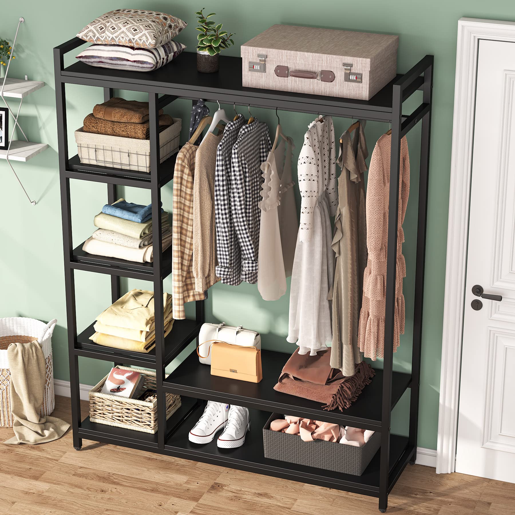 LITTLE TREE Free Standing Wood Closet Clothes Rack,Heavy Duty Grament Rack with Shelves,Hanging