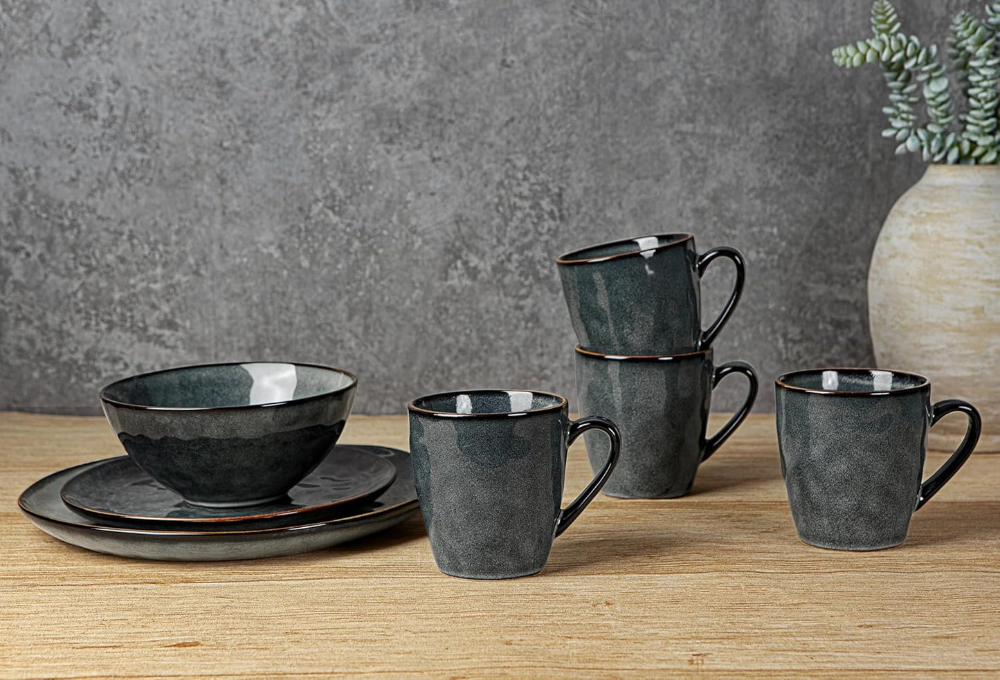 famiware Coffee Mugs Set of 4, Ocean Round 11.5oz Coffee Cup Set with Handle for Cocoa, Milk, Hot Chocolate, Stoneware Cups for Kitchen, Reactive Glaze, Microwave Dishwasher Safe, Deep Forest