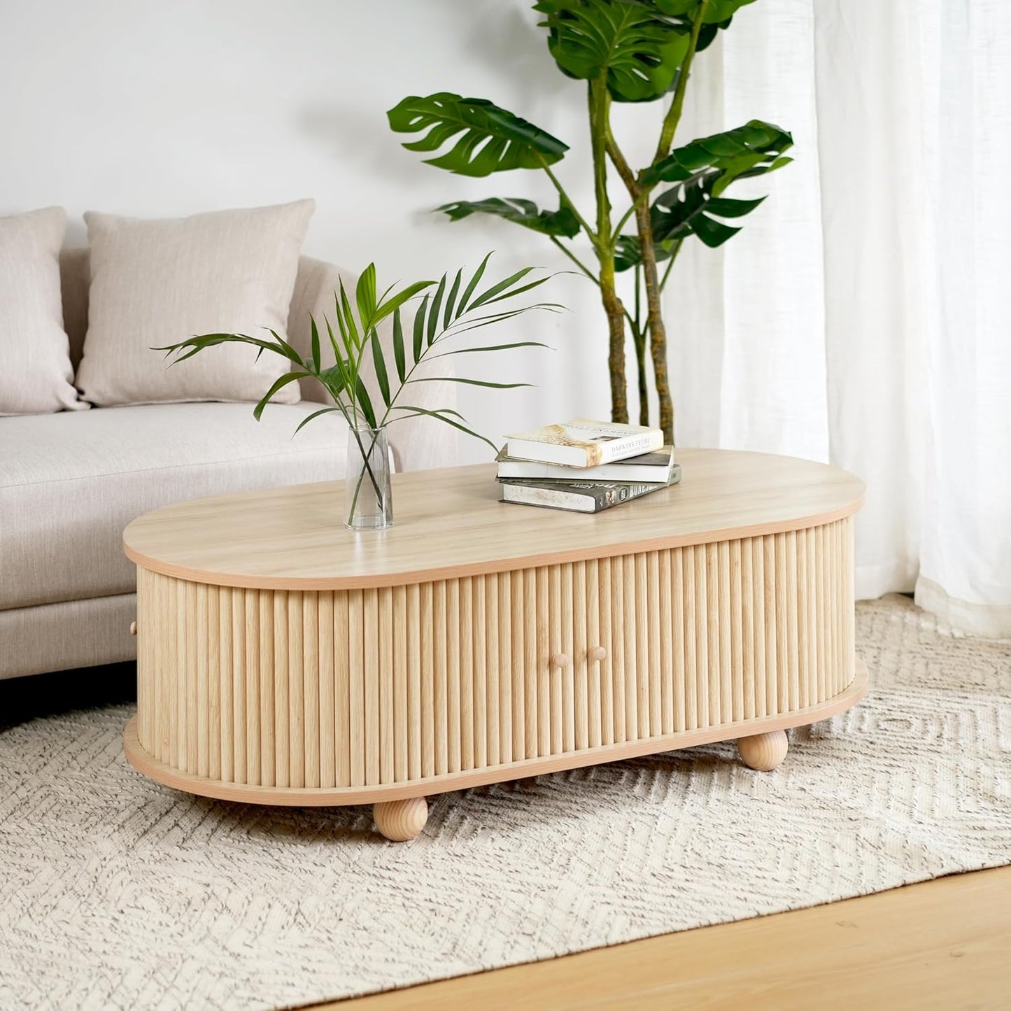 Oval Coffee Table with Storage for Living Room, Retro Charm Wooden Fluted Center Table, 47.24" Modern Classic Accordion Door Coffee Tables Dual Level Storage Side Table for Home,Office-Natural