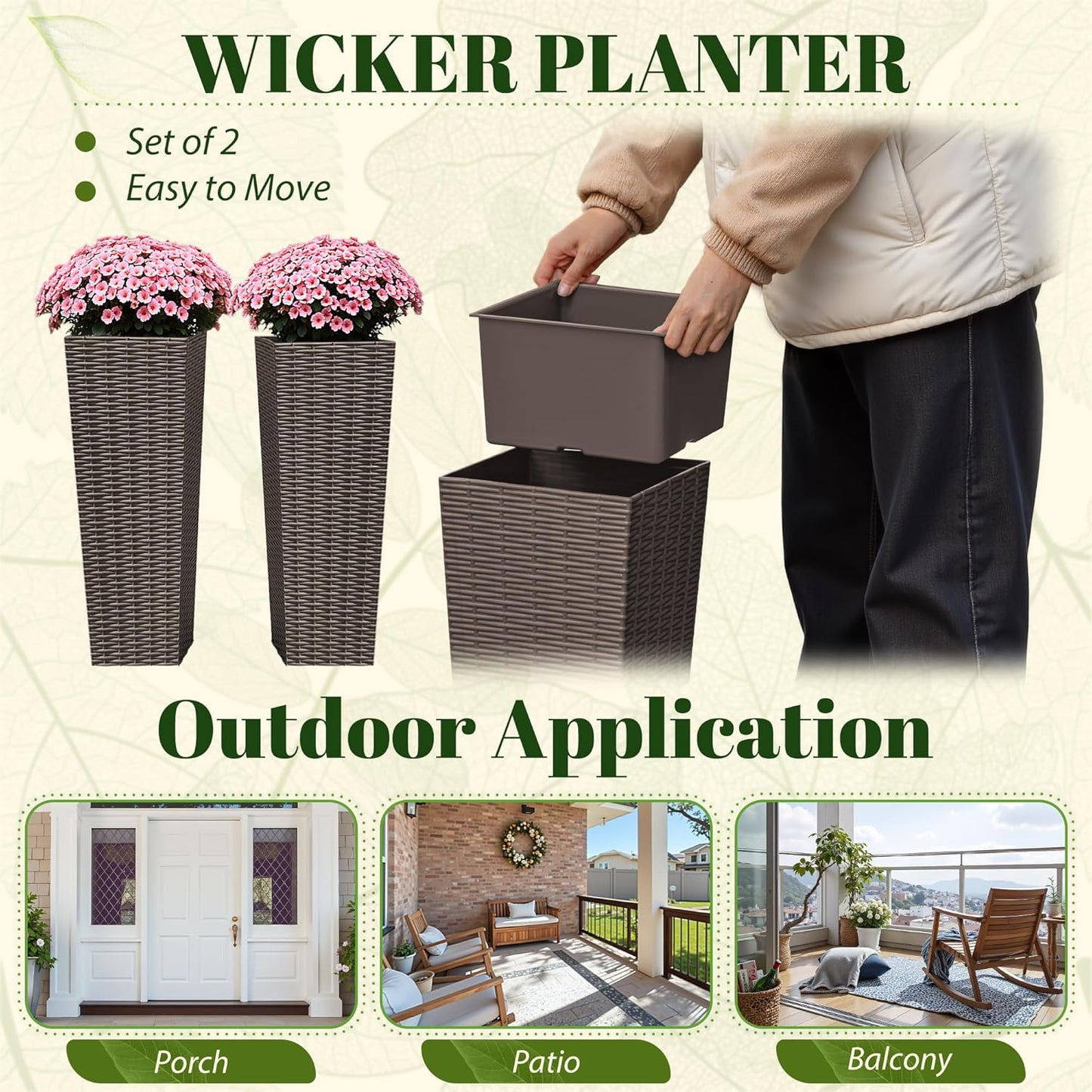 JUMMICO Set of 2 Resin Rattan Tall Planters for Outdoor Plants, Large Tapered Planters with Drainage Holes&Inner Trays, Flower Pots for Garden, Patio, Porch, Backyard (Brown, 24'')