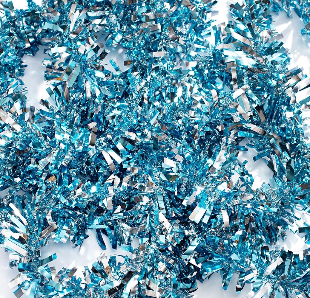 Anderson's Light Blue & Silver Sparkle Glitter Metallic Tinsel Twist for Trailer Or Golf Cart, 4 inches Wide x 25 ft Long, Christmas, Patriotic and Holiday Garland Decor for Parties and Parades