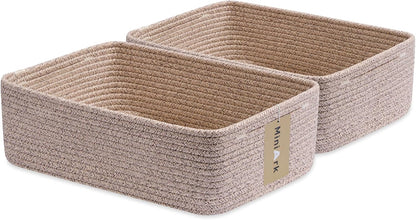 Large Shallow Organizing Baskets 15x11x5.1 Inches - Rope Woven Storage Bins for Bathroom, Shelves, Cube Closet, Mixed Brown 2 Packs