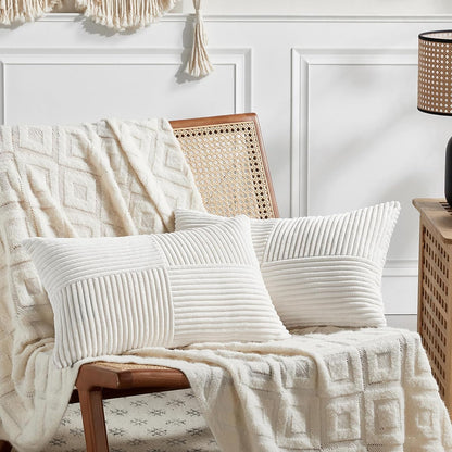 Fancy Homi 2 Packs Cream White Long Lumbar Decorative Throw Pillow Covers 12x24 Inch for Couch Bed Sofa, Rustic Farmhouse Boho Home Decor, Soft Striped Corduroy Rectangle Accent Cushion Case 30x60 cm