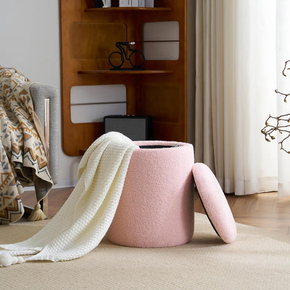 YFO Round Ottoman with Removable Lid Upholstered, Multifunctional Vanity Chairs for Makeup, Soft Footrest Stool Ottoman Foot Stool for Living Room, Bedroom, Boucle, Pink