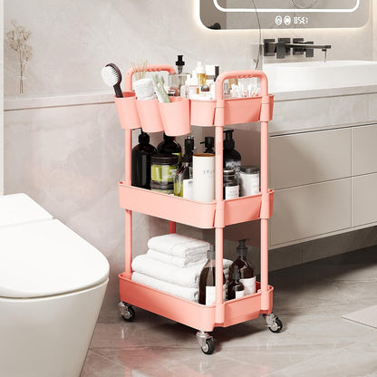 UDEAR 3-Tier Rolling Utility Cart,Multifunctional Storage Shelves with Handle and Lockable Wheels for Room,Office,Kitchen,Bathroom,with 3 Hanging Cups,Pink