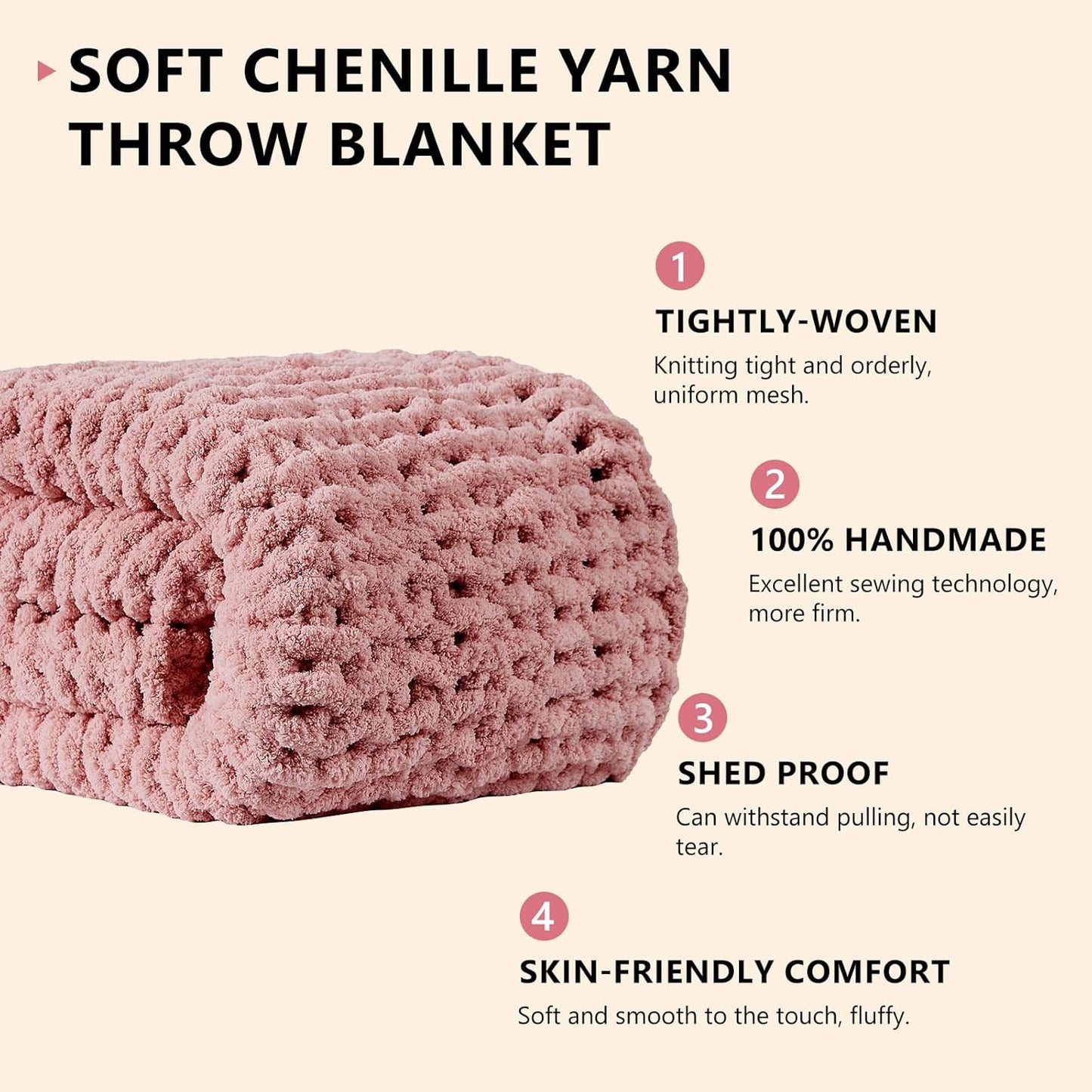 L'AGRATY Chunky Knit Blanket Throw - Soft Chunky Throw Blanket 60x80: 100% Hand Kintted Chenile Crochet Throw Blanket for Couch - Large Cable Knit Chunky Blanket for Home Decor(Rose Pink)