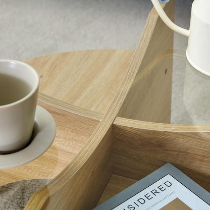 31.5" Round Glass Coffee Table with Tempered Glass Top and MDF Base, Diagonal Fan-Shaped Tray Design Table Leg Simple & Modern Center Table for Living Room Office Apartment Wood