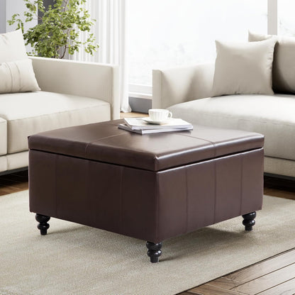 HUIMO Square Leather Storage Ottoman,Ottoman Coffee Table with Storage for Living Room (Brown)