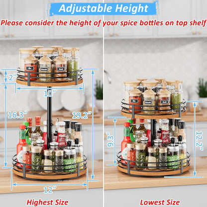 Lazy Susan Turntable Organizer Adjustable - 2 Tier Wood Rotating Spice Rack 12 Inch Lazy Susan for Kitchen Countertop Cabinet Pantry Cupboard Dining Table Bathroom Coffee Bar Home Storage