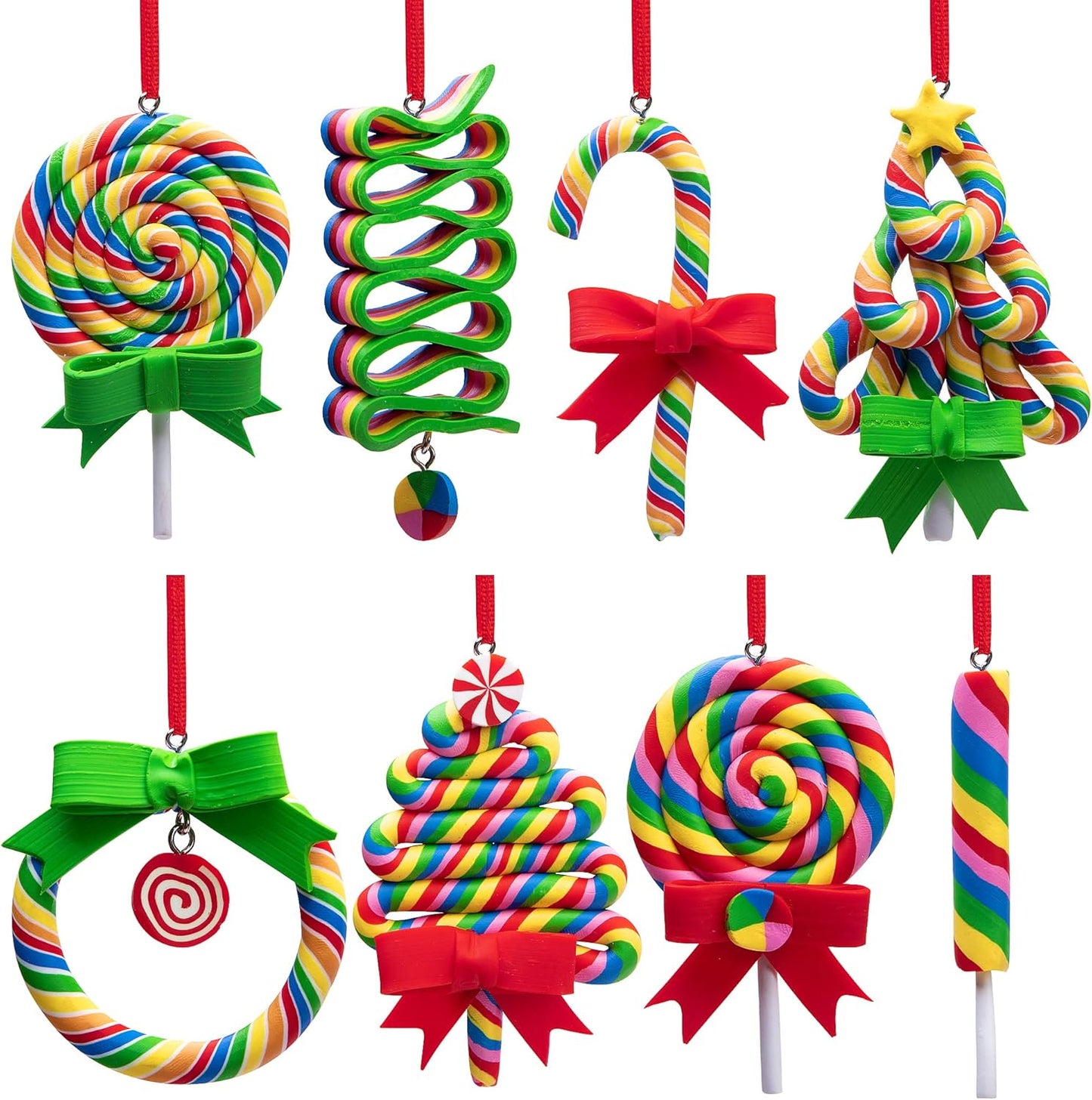 codree 8 PCS Christmas Lollipop Ornaments- Rainbow Lollipop Hanging Ornaments- Christmas Candies Polymer Clay Ornament for Xmas Tree Party Decoration