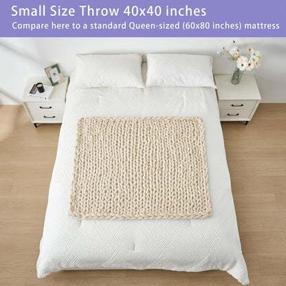 Bigacogo Chunky Knit Throw Blanket for Couch, 40x40 inches, 100% Hand Knitted with Thick Jumbo Chenille Yarn, Cozy Soft Large Rope Knot Cable Crochet Blankets for Sofa Bed Living Room, Beige