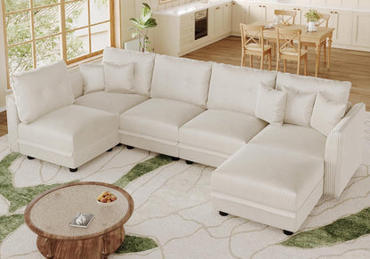 LLappuil Modular Sectional Sofa with Storage Seats, Corduroy U Shaped Convertible Couch for Living Room, 6 Seats Comfy Sofa with 5 Back Cushion 5 Throw Pillow, Beige