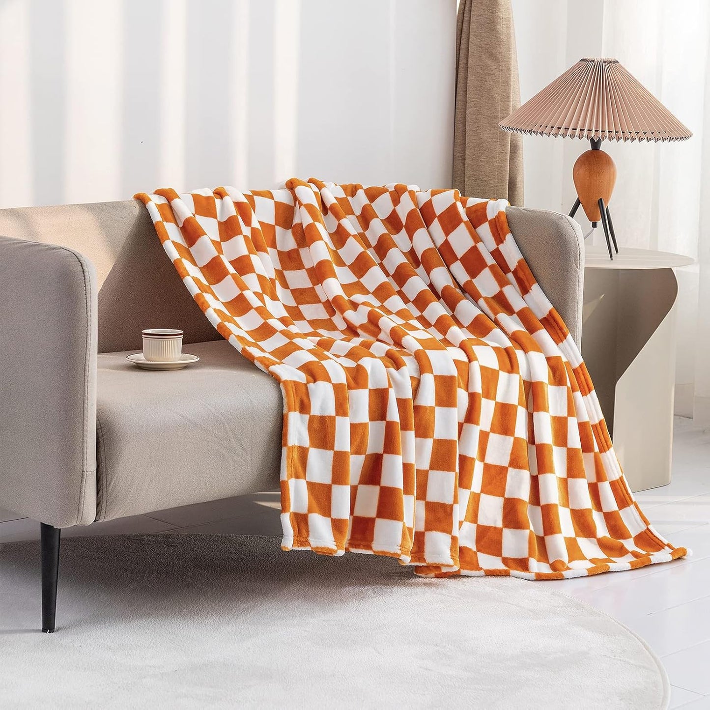 LOMAO Throw Blankets Flannel Blanket with Checkerboard Grid Pattern Soft Throw Blanket for Couch, Bed, Sofa Luxurious Warm and Cozy for All Seasons (Orange, 90"x90")