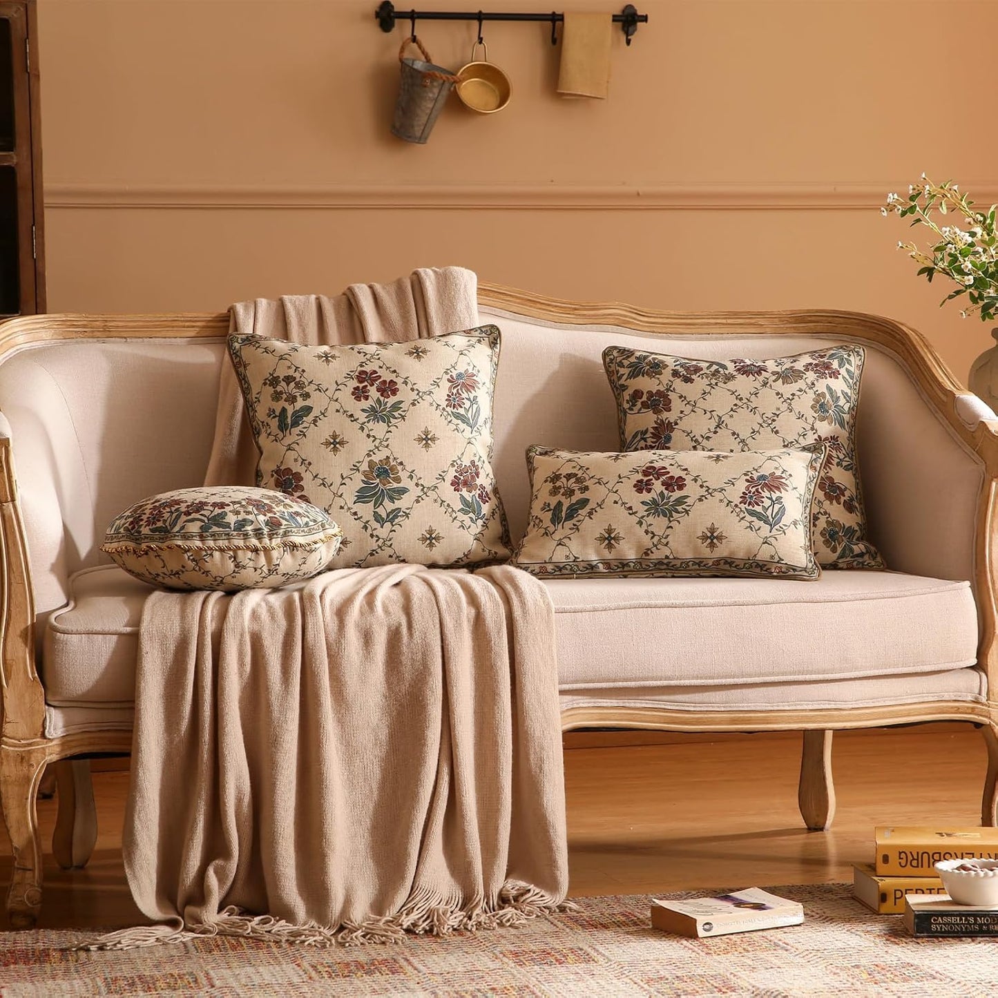 patdrea Designer Throw Pillow Covers Set of 4,Euro Vintage Light Brown Linen with Floral Collection Pattern Pillow Cover,Decorative Square Lumbar Round Pillowcases Cushion for Bed Living Room Car