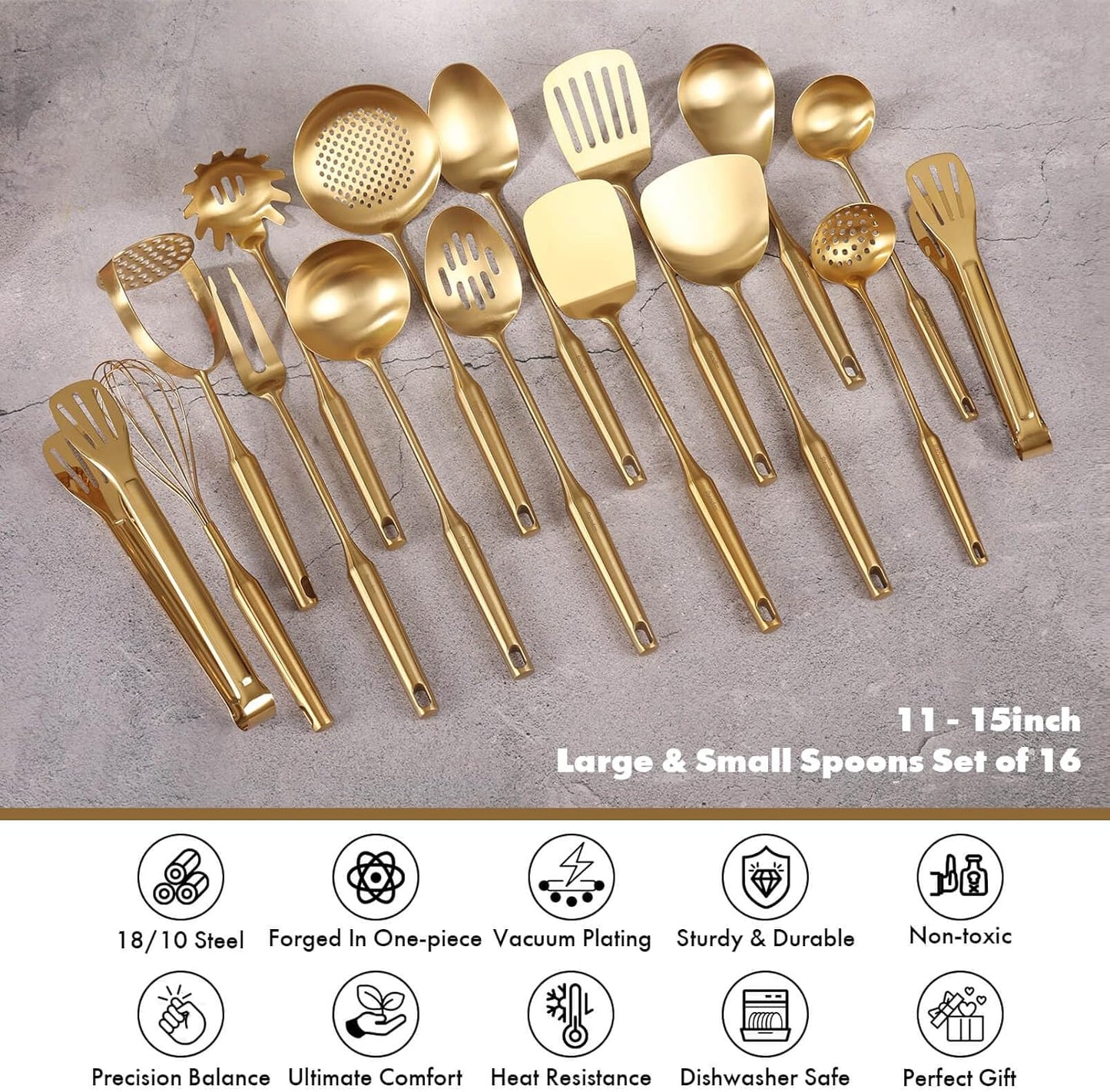 Gold Cooking Utensils Set - 18/10 Stainless Steel Large and Small Spoons Set, 16 PCS All Metal Kitchen Tools, Serving Utensils - Whisk, Masher, Fork, Tongs, Spatula, Ladle, Skimmer, Turner, Pasta