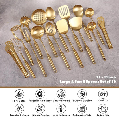 Gold Cooking Utensils Set - 18/10 Stainless Steel Large and Small Spoons Set, 16 PCS All Metal Kitchen Tools, Serving Utensils - Whisk, Masher, Fork, Tongs, Spatula, Ladle, Skimmer, Turner, Pasta