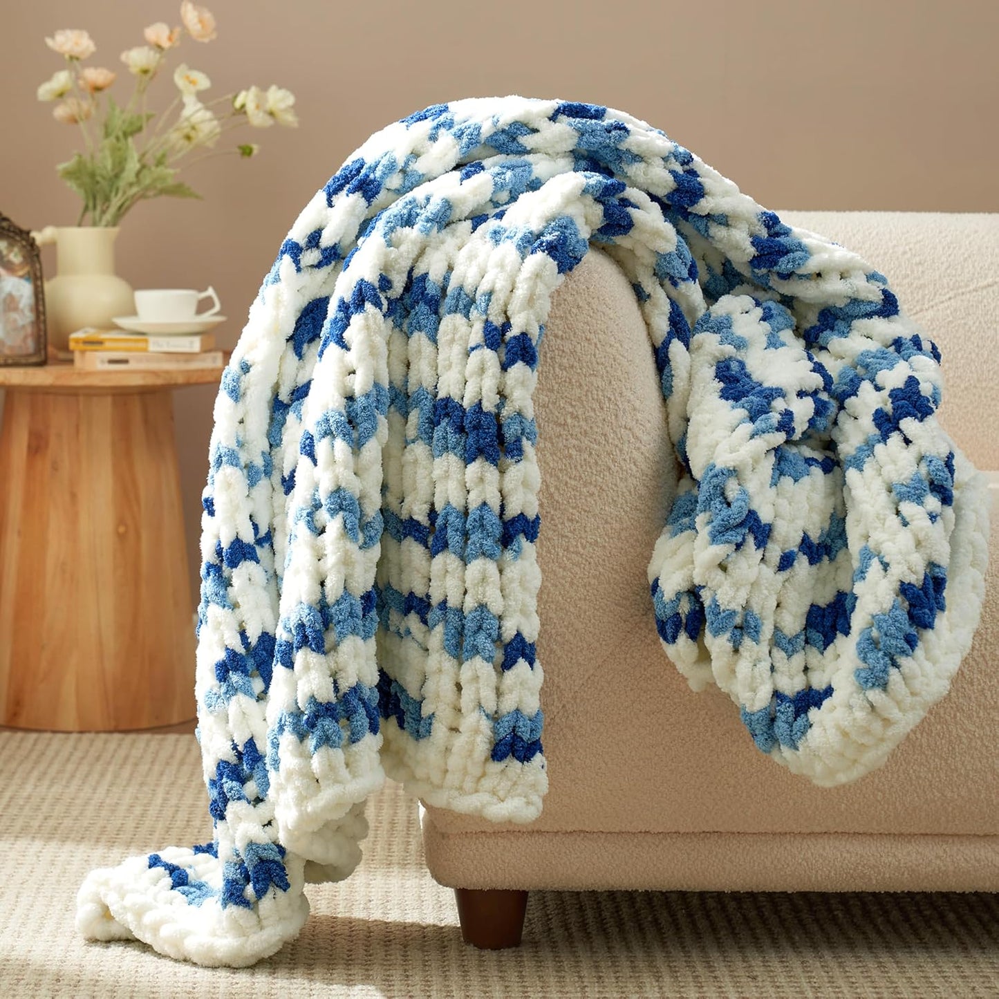 Amélie Home Chunky Knit Throw Blanket for Couch, Soft Chenille Crochet Blanket for Sofa, 50"x60", Space-Dyed Blue Striped