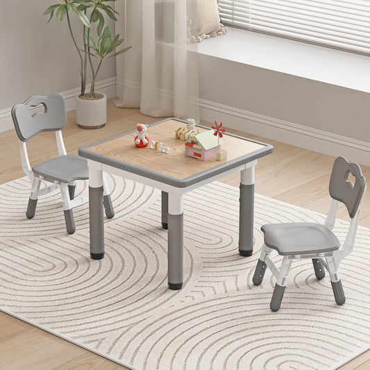 Kids Table and Chairs, Height Adjustable Childrens Table and Chair Set, Kids Tables for Age 2-8, Graffiti Desktop, Table for Kids with 2 Seats, Small Kids Table, Max 300lbs, Grey