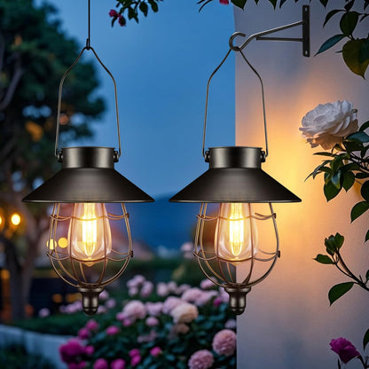 pearlstar 2 Pack Solar Lantern Outdoor Hanging Light Waterproof Metal Solar Lamp for Yard Garden Pathway Patio Porch Decor(Black)