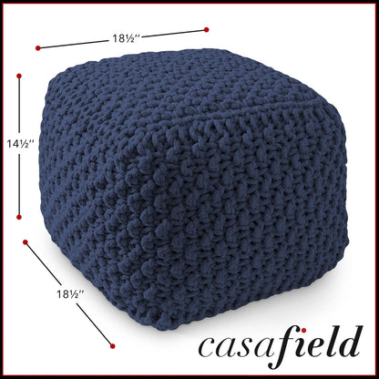 Casafield Square Pouf Ottoman, Navy Blue 18.5" W x 18.5" D x 14.5" H Cotton Knit Foot Stool - Boho Floor Pouffe for Living Room, Bedroom, Home Office