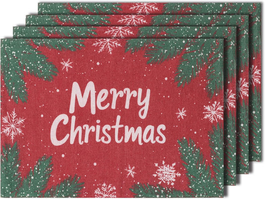 MANSPHIL Red Christmas Placemats Set of 4 - Farmhouse Snowflake Cotton Faux Linen Cloth Table Place Mats Heat Resistant Washable for Dining Kitchen - 13x19 Inch