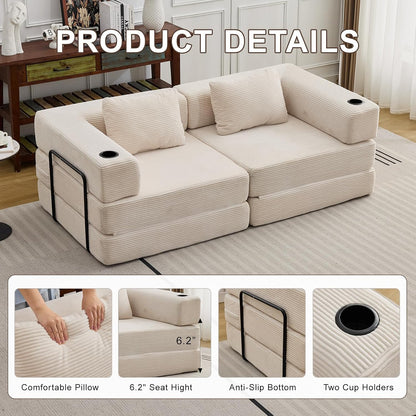 78" W Loveseat Sofa, 4 in 1 Convertible Floor Sofa Bed, Boneless Cloud Couch with Cup Holder, Fold Out Floor Couch, Loveseat Recliner Sleeper for Living Room Bedroom Lounge(Corduroy, White)