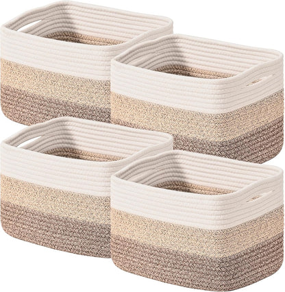 Shelf Baskets for Organizing, Storage Baskets for Shelves, Woven Baskets for Storage, Cotton Rope Baskets with Handles for Toy, Book, Clothes, 12.5"Lx9.1W"x7.9H", (4 Packs) Gradient Brown