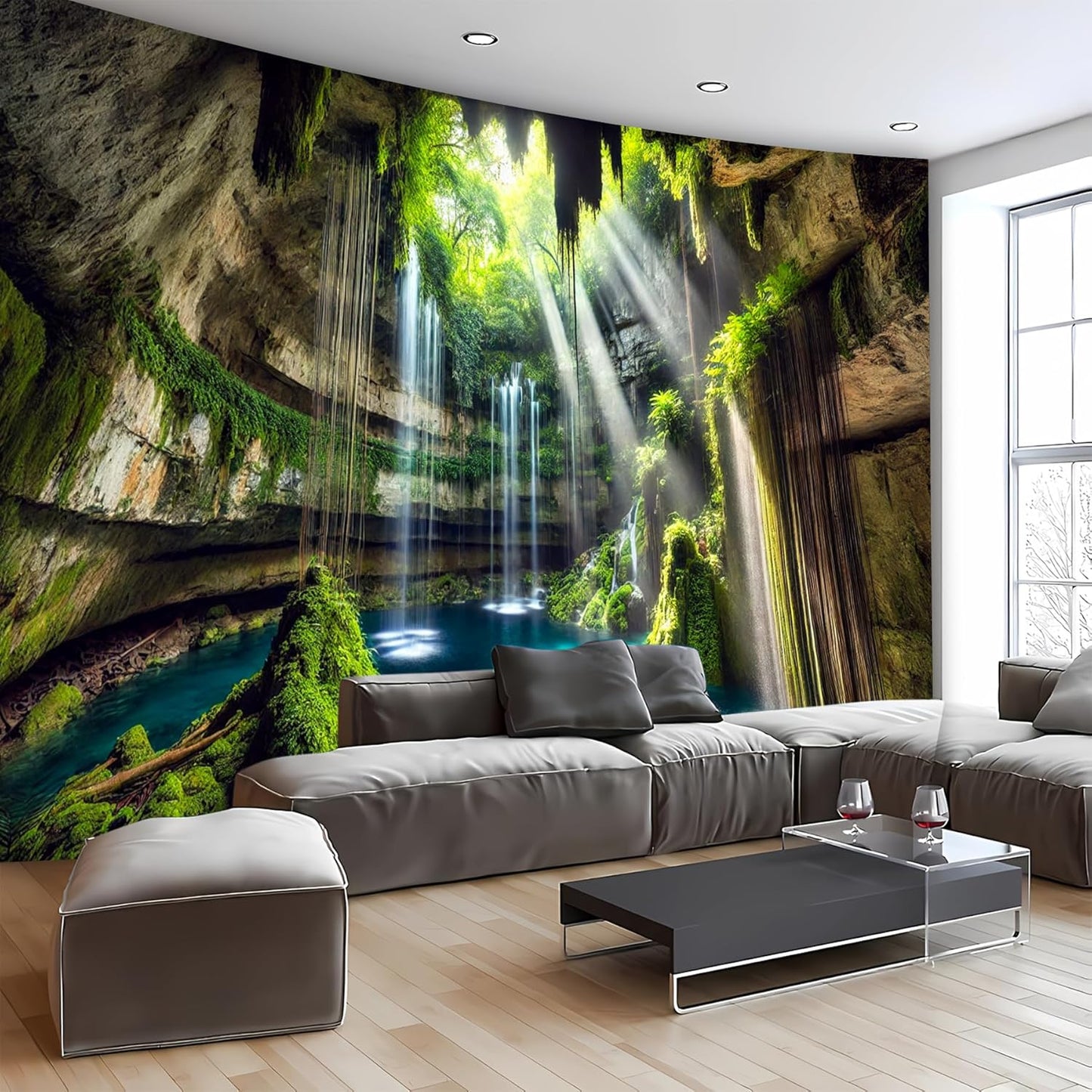 BSFHH Nature Tapestry Forest Tree Sea Cave Wall Hanging, Stream Through Rainforest Landscape Wall Art Tapestry for Bedroom Living room (Fall, 90"×70", Unframed)