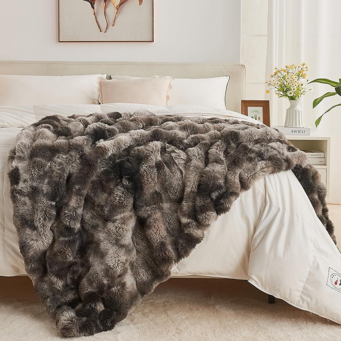 Lotus Karen Faux Fur Throw Blanket Tie-Dye Dark Gray - Big Bubble Rabbit Fluff Blanket for Couch, Small Fluffy Fuzzy Cozy Blanket, Thick Furry Plush Shaggy Blankets, 50x60 Inches