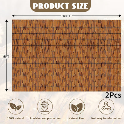 Bamboo Reed Fencing, Light Russet Bamboo Fence Rolls 6ft High, Decorative Privacy Screen Reed Curtains for Patio Balcony Garden Backyard Outdoor, 6 x 16 FT (2 Pcs)