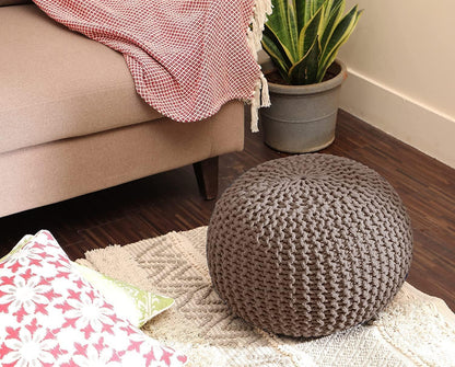 REDEARTH Round Pouf Foot Stool Bean Bag Ottoman - Hand Knitted Boho Pouffe - Home Decor Poof - Stuffed Foot Rest for Living Room - Nursery - Bedroom - Patio (19.5"x19.5"x14") - Taupe