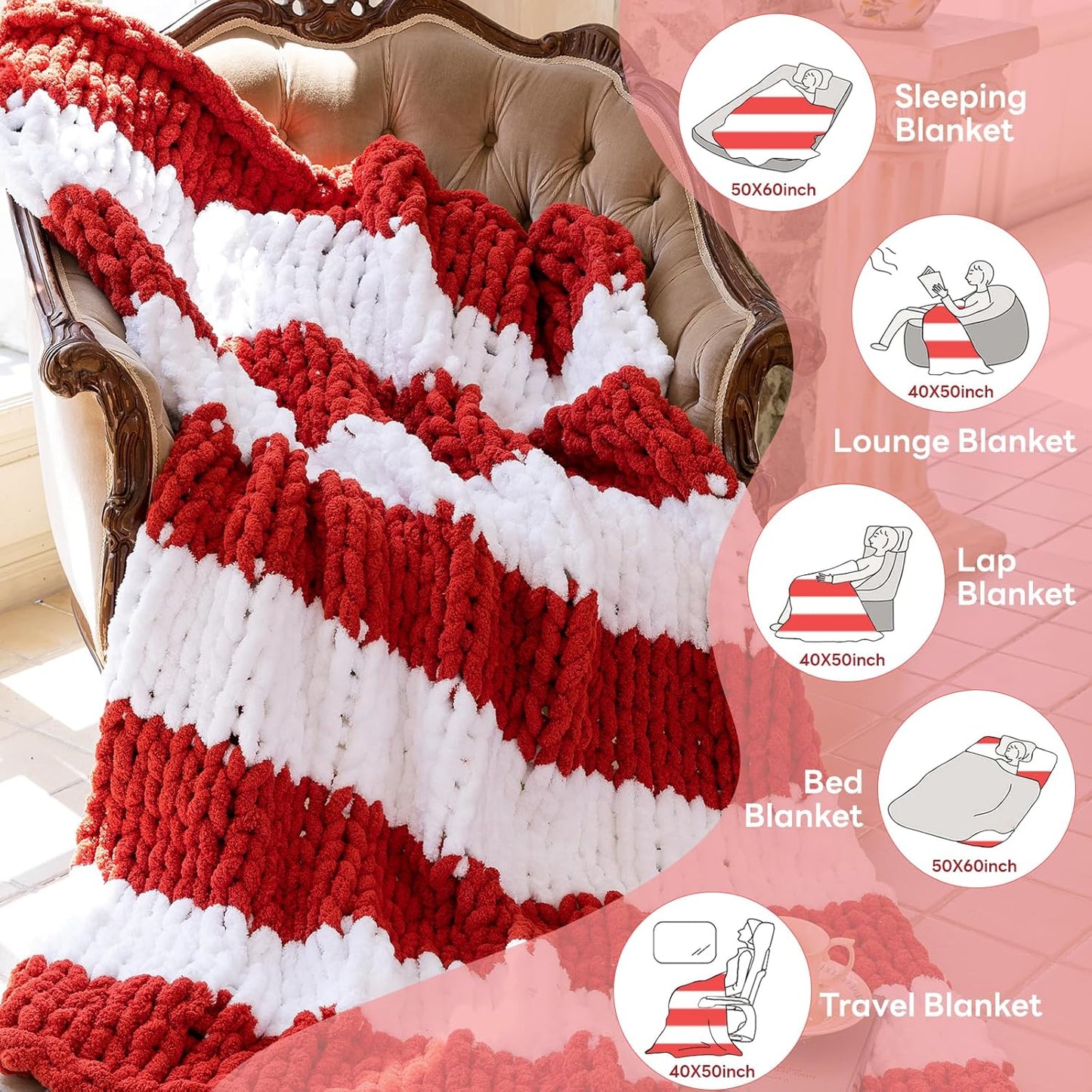 Chunky Knit Blanket - Luxury Soft Cozy 60 * 80 Throw Blanket,100% Woven Blanket Rope Knot Throw Blanket for Couch, Sofa, Home Decor, Gift - Machine Washable（White/Wine red）